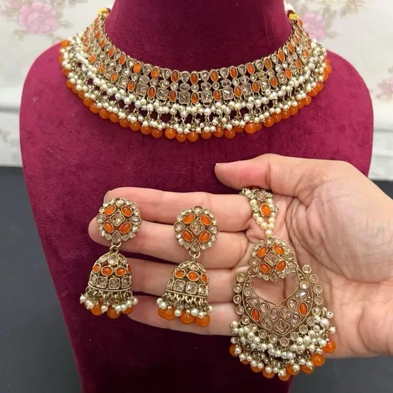 Jhumka Tikka Set for Women - Traditional Indian Jewelry pakistan jewellery mehndi s kundan i desi wedding sale necklace 4