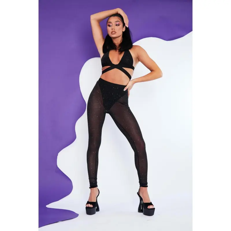 Black Halter Neck Glitter Crop Top & Leggings Set - Skye 2