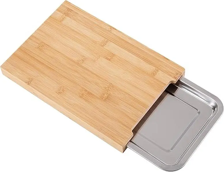 Premium Bamboo Chopping Board with Sliding Stainless Steel Tray, Eco-Friendly Wooden Cutting Board for Food Prep - Meat, Vegetables, Bread - 35x24x3.7cm