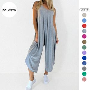 KatchMe Women's Slouchy Thin Strap Low Neckline Baggy Wide Leg Jumpsuit,Versatile Stretchy Womenswear,Holiday Jumpsuits,Plain Womens Wide Leg Romper