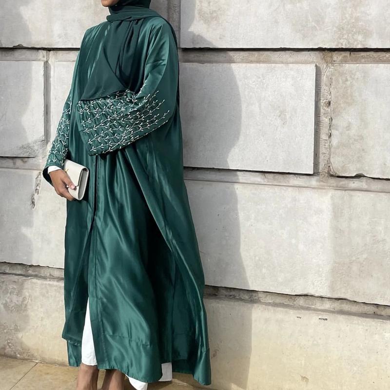 Product Introduction of HS1024 1pcs Satin Cardigan Handmade Beaded Dress Abaya 6