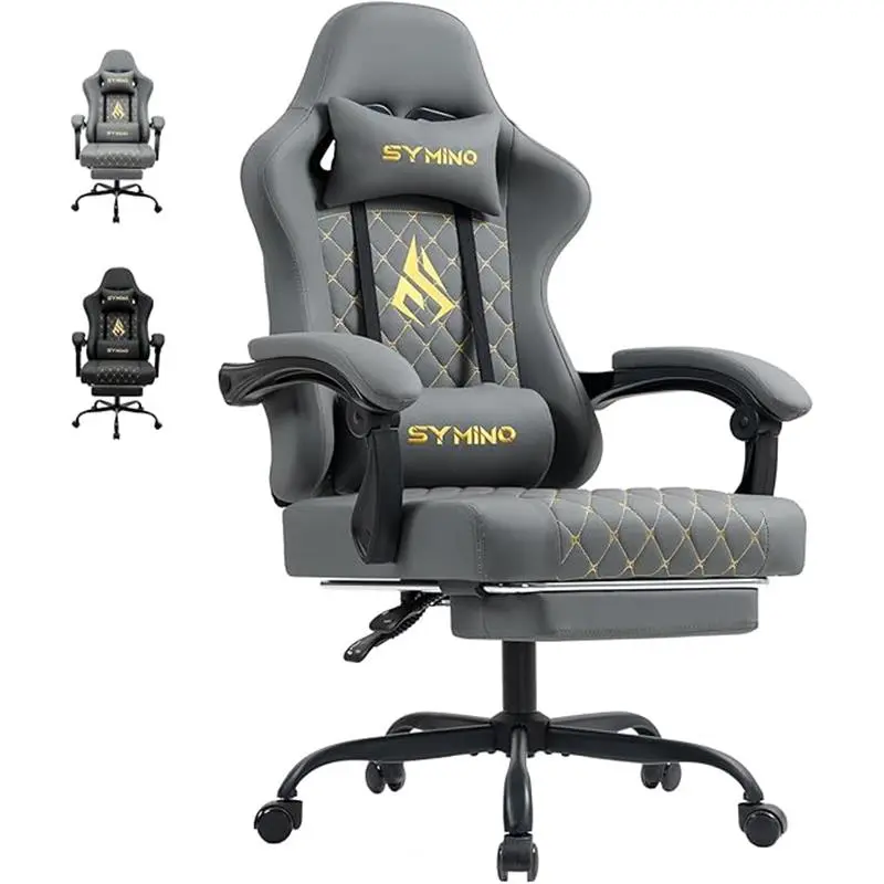 Symino Gaming Chair with Footrest, Computer Ergonomic Video Game Chair, Adjustable Swivel Task Chair with Lumbar Support, PC Chair, Office Chair PU Leather, Gray