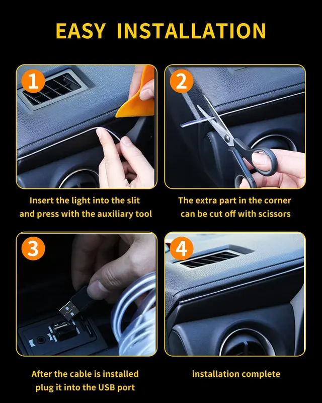 Wire Car Led Interior Strip Light Neon 5m/16ft Decorative Mood Lighting for Car Interior Lights Atmosphere Car Accessories With USB，12V 4