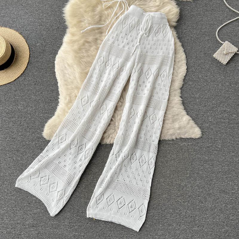 Product Introduction of SINGREINY Women Summer Knitted Set Halter Short Tops+ Hollow Wide Leg Long Pants Sets Shell Beach Sexy Backless Two Piece Suits 27