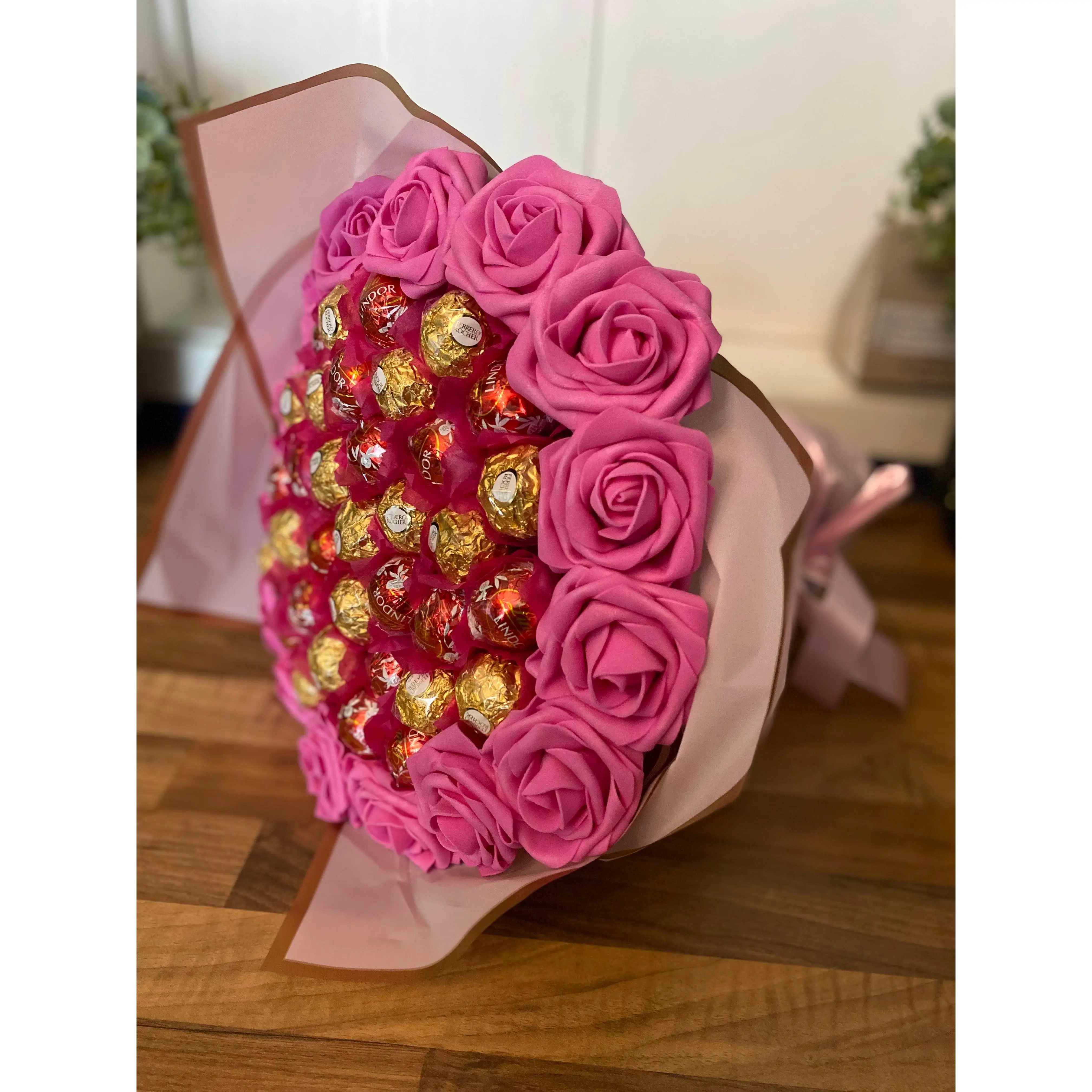 Hot Pink Ferrero Rocher & Lindt Lindor With Roses Hand-Tied Bouquet