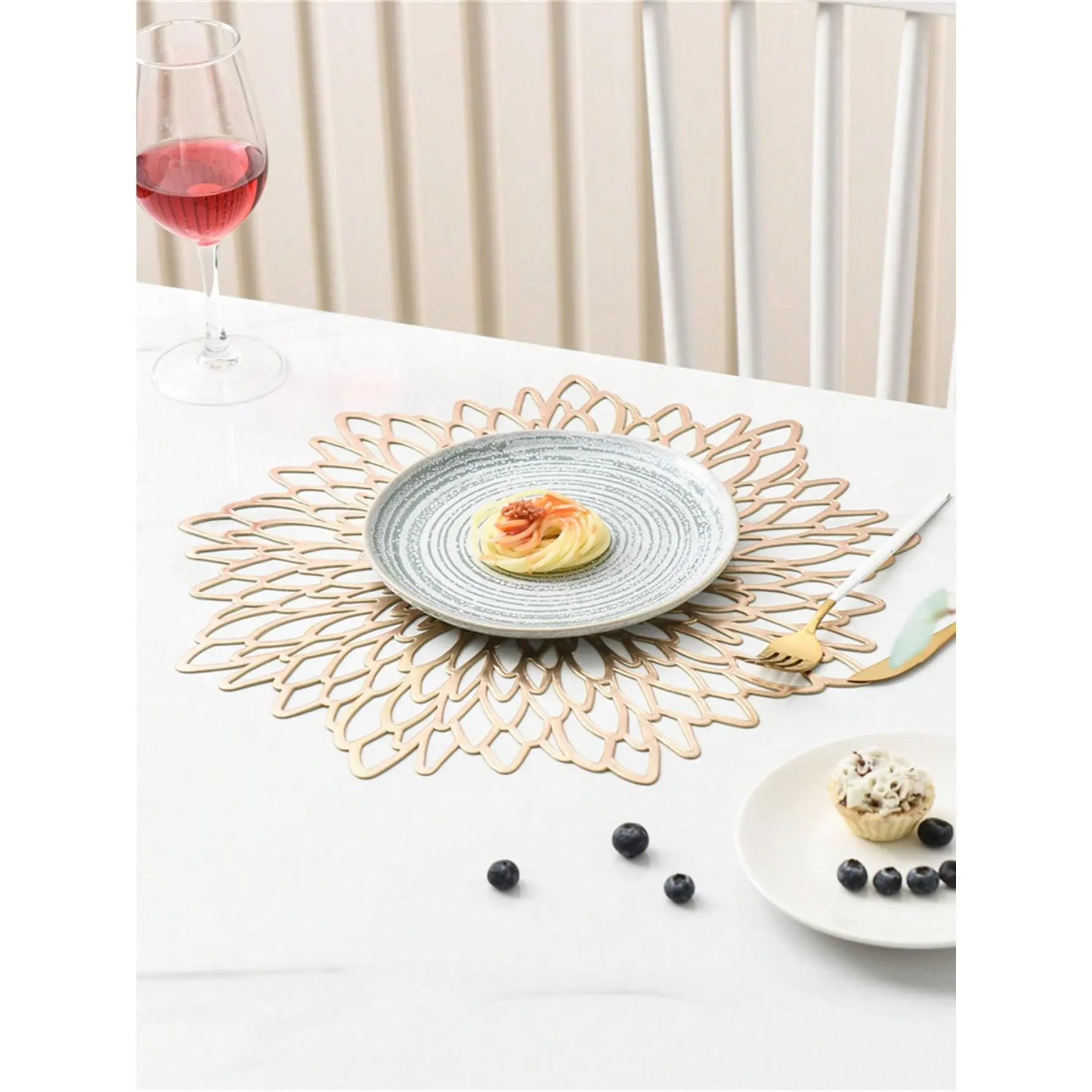 Gold Placemats & Coasters ,Matching Washable Pressed PVC Laser Cut Dining Table Mats Round Floral Decoration,Creative Gold Flower Design Hollow Out Anti-Slip Table Mat For Christmas Halloween Thanksgiving Wedding(10cm For Coaster , 38cm For Placemat Diffe