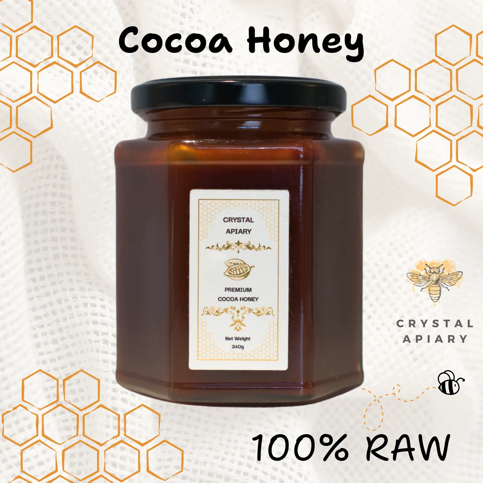 Raw Cocoa Honey 340g by Crystal Apiary Velvet Chocolate Flavour Sweet Natural
