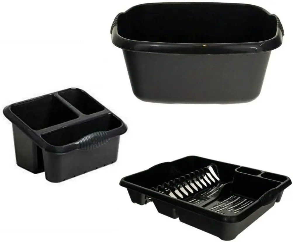 Sink Dish Drying Rack Set – Durable Plastic Dish Drainer with Drainboard & Cutlery Holder | 3-Piece Kitchen Counter Dish Rack & Washing Up Bowl – Must-Have