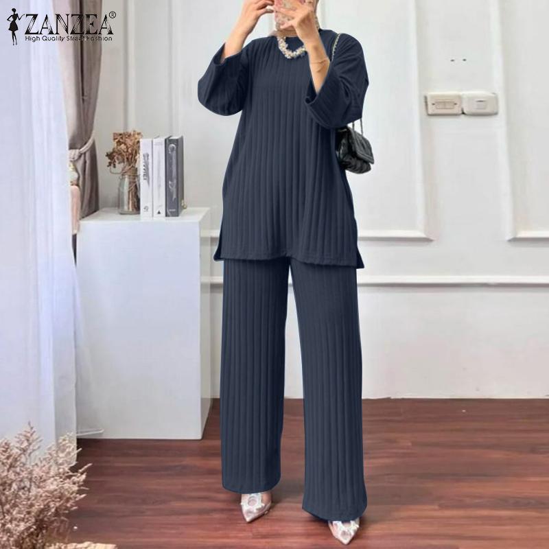 Product Introduction of Long Sleeve Blouse Wide Leg Pants Sets ZANZEA Women Matching Sets Solid Islamic Clothing Muslim Tracksuit Outifits 2PCS 11