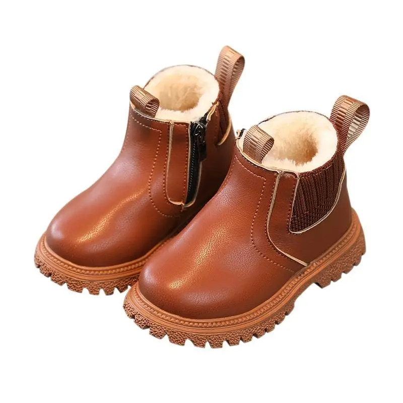 Autumn Winter Kid Boys Girls Casual Ankle Boots Comfortable Simple Side Zipper Leather Boots Velvet Warm Non-Slip Boots 1