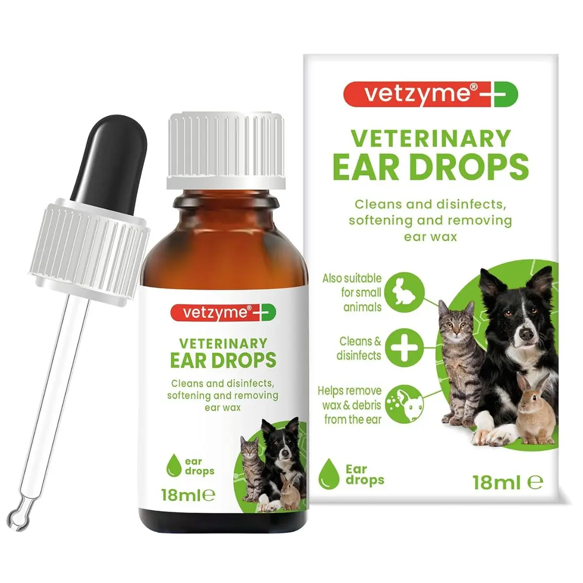 Vetzyme Veterinary Ear Drops for Dogs, Cats and Small Pets - Antibacterial Formula Fights Infection and Soothes Irritation (18ml)