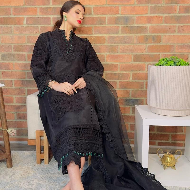 BLACK FRIDAY SPECIAL - BLACK ORGANZA HEAVY CROCHET AND LACE DETAILED 4PC WITH GREEN CRYSTAL DETAILING, FORMAL WOMENSWEAR LONG HEAVY DUPATTA, CAPRI TROUSERS WITH LONG ORGANZA KAMEEZ and a FULL SLEEVES LINING Traditional Outfit Comfortable Womenswear Dress 6