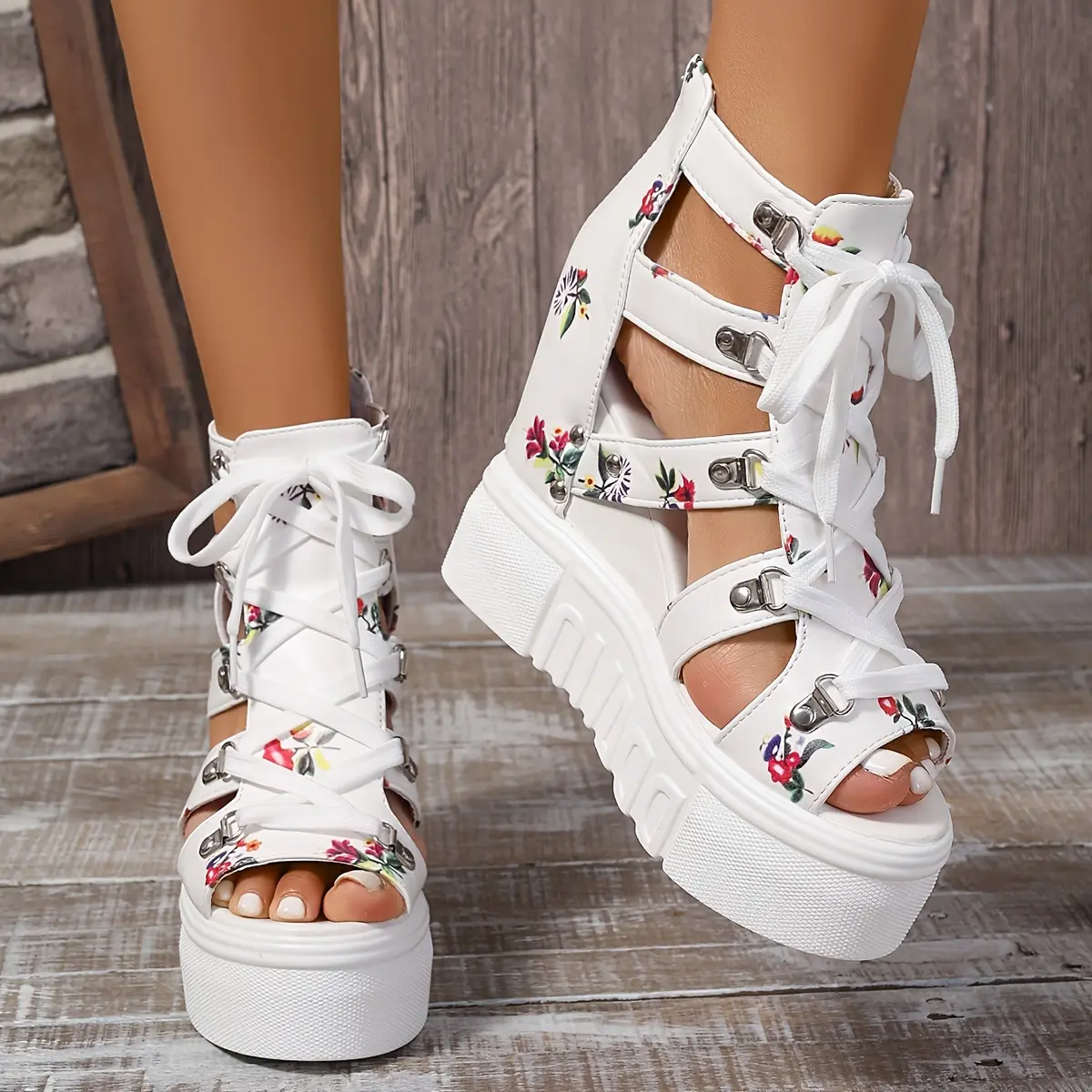 Women's Floral Vintage Sandals, Back Zipper Platform Hollow Lace Up Shoes, Summer Breathable Wedge Holiday Shoes