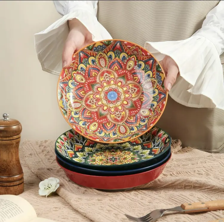 Bohemian Style Ceramic Dinner Plate Set, 4 Counts/set Creative Breakfast Bowl, Large Deep Plate for Home and Restaurant Use Stylish Aesthetic 4