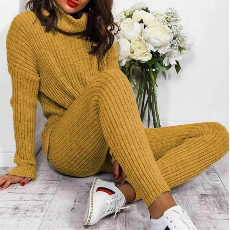 Ladies Chunky Knitted Loungewear Ladies Polo High Neck Top Leggings Suit Womenswear Overalls Underwear Lady Women Comfort Basic Long Sleeve Minimalist Chic Comfortable 9