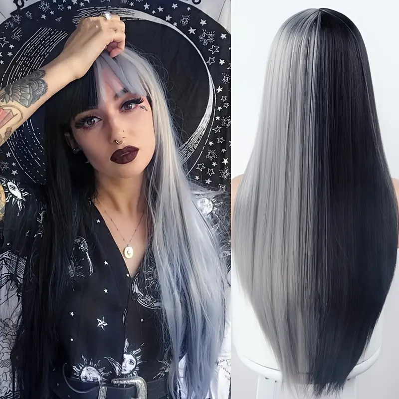 Woven Wigs Women's High Temperature Fiber 100% Straight Hair Cosplay Wig with Air Bangs, Buckle Net Cap, Full Head Coverage, Party Festival Daily Wear 2