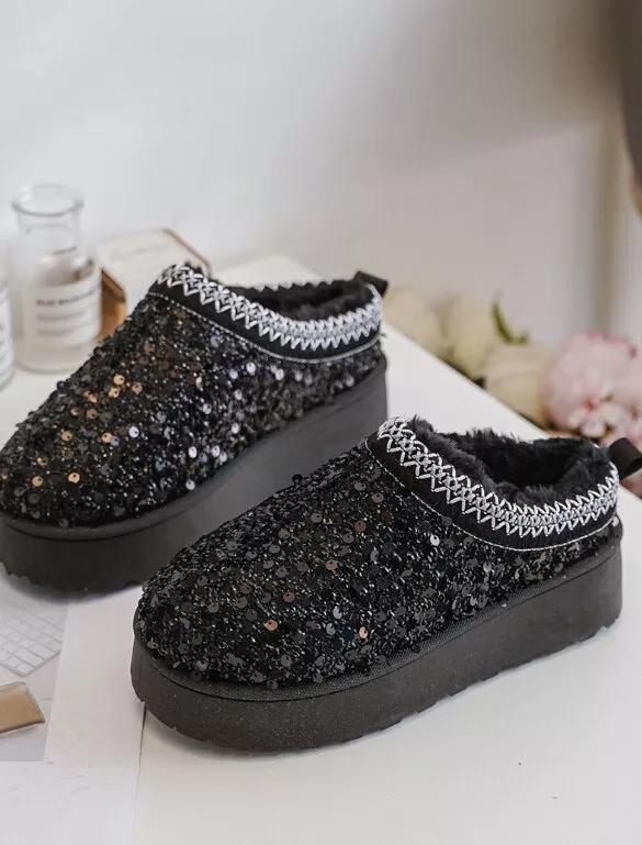Girls Slip On Warm Faux Fur Lined Shiny Sequin Fashion Kids Aztec Black Ankle Boots Mules Shoes 3