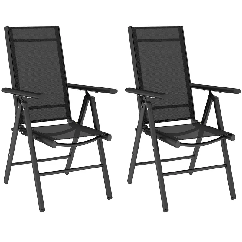 Outsunny Set of 2 Folding Chair, Aluminium Frame Outdoor Camping Chairs with Breathable Mesh Back and Seat, Garden Chair Set with Armrests for Balcony, Black 0