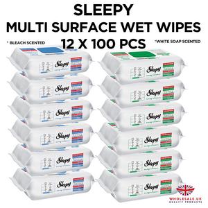 Sleepy - Multi Surface Cleaning Wipes, Campaign, White Soap Scented 6 Packs - Bleach Scented 6 Packs - 12 Packs x 100pcs Disposable