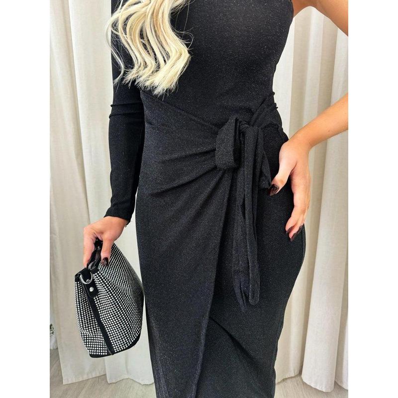 iKrush One Shoulder Wrap Front Glitter Midi Dress i38442 Bodycon Wrap   Mid Calf Length  Collared One Shoulder Occasionwear Partywear Plain Date Night Going Out Party 6