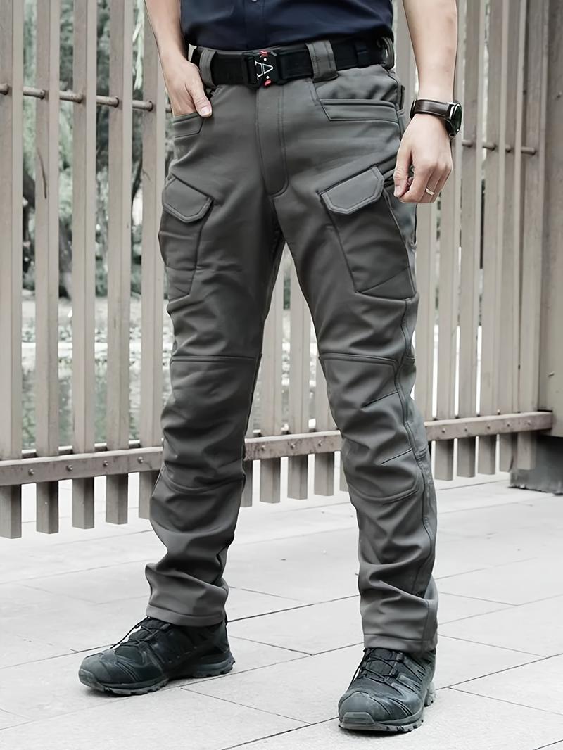 Product Introduction of Men's Solid Color Thermal Cargo Pants, Slightly Stretch Multiple Pockets Design Pants For Winter Outdoor Activities Menswear Trouser Plain Beige 25