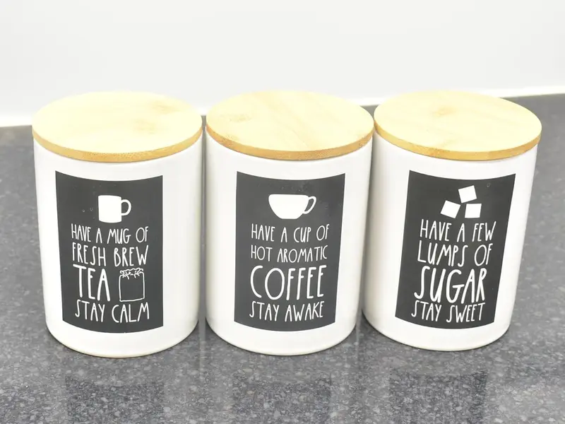 Set of 3 Jars Kitchen Canister Jar For Tea Coffee Sugar Storage Pots Wooden Lid Home Decorative, Kitchen, Dining Table, Eye-Catching Design (White & Black) 4