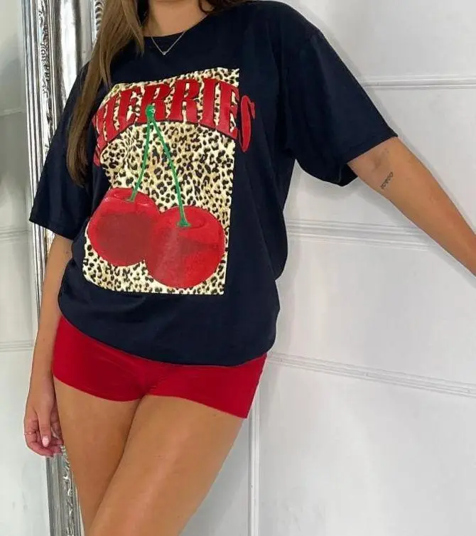 House Of Aliya Ladies Women's  Short Sleeves CHERRIES Leopard Print Baggy T-Shirt Top Comfortable 6