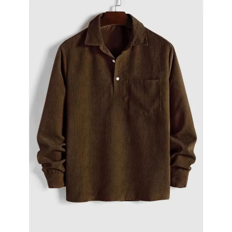 Men's Plain Pocket Half Button Corduroy Shirt, Soft Comfy Regular Fit Long Sleeve Half Placket Collared Top for Fall & Winter, Men's Clothes, Basic Tops, Mens Clothing, Better Men 6