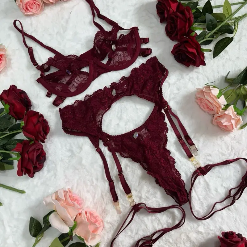 Lingerie doll. Classy Elegant burgundy  Cut Out Lingerie 4 piece lingerie Set with Adjustable Bra Straps- Comfortable, Comfort, Fit, Clothes, Womenswear