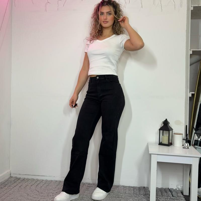 [HouseOfTrendz] HOLLY Straight Leg Corduroy Effect Denim Jeans 31" Inside Leg - Dad Fit High Waisted Denim Super Stretch Comfortable Girls  jeans Casual Striped 5