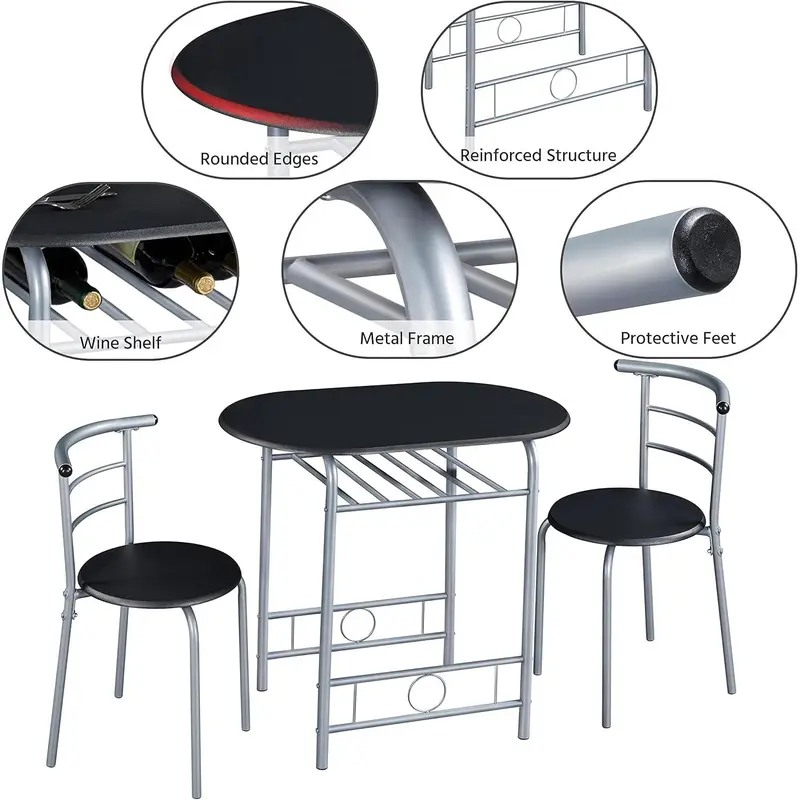 3 Piece Dining Table & Chairs Set, Compact Dining Room Set with Storage Shelf and Wine Rack, Modern Breakfast Bar Table Set for Kitchen/Apartments/Small Space, Black, 80x53x75.5cm 4