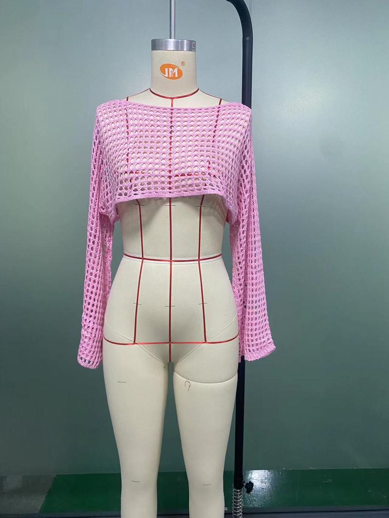 Product Introduction of Women Big Fishnet Long Sleeve Cropped Sweaters Summer Fashion Lady O-Neck Flare Sleeve Hollow Out Short Knitted Pullovers Knitwear Womenswear 7