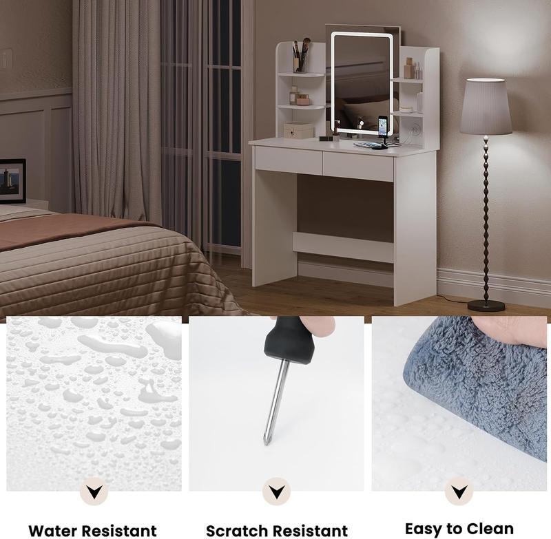 WOLTU Dressing Table with Dimmable LED Lights, Vanity Desk with Mirror & 2 USB Charging Ports, Makeup Table with 2 Drawers and Open shelves, Wooden Bedroom Dresser, White, MB6112ws clear  vanity 6