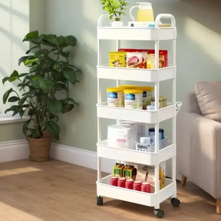 5 Tier Trolley Multi-Purpose, Versatile Rolling off-white Storage Cart, Utility Organizer With 4 Wheels, Easy To Assemble Cosmetic Shelves, Kitchen Rack, Book Shelf, Bedroom-Livingroom Snacks, Laundry Basket, Space-Saving Toilet Storage Holders bathroom 1