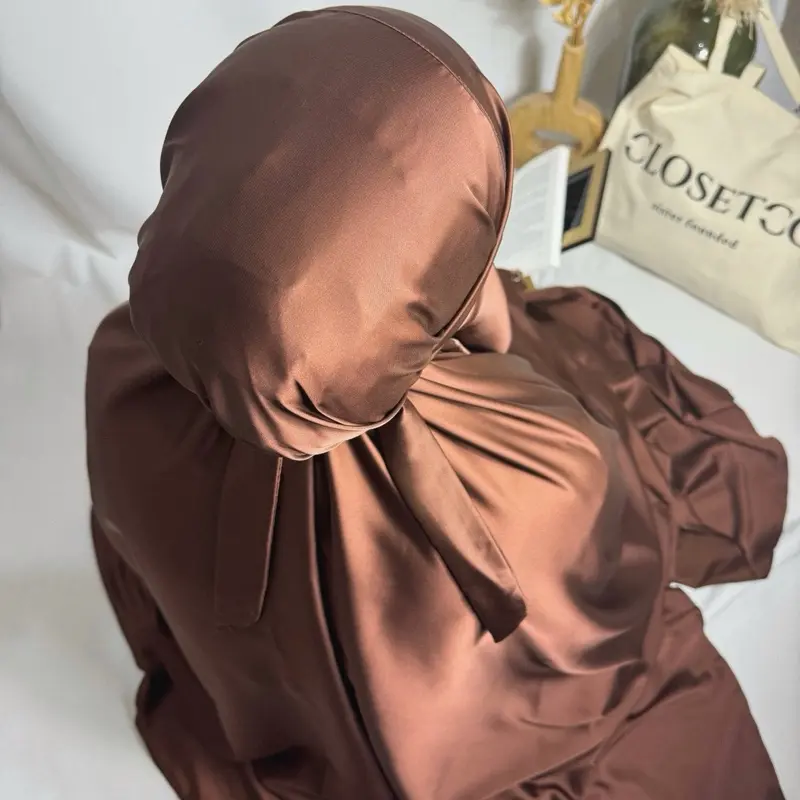 Brown Two-Piece Satin Jilbaab with Tie-Back Strings and Elasticated Skirt 1