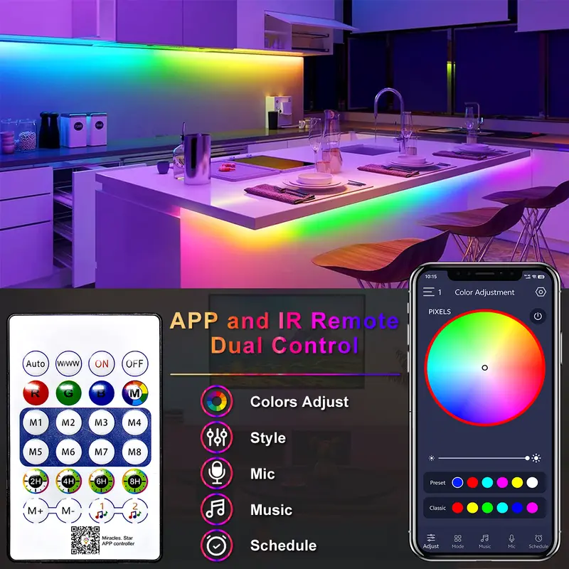 5V LED Strip Lights Bluetooth RGBIC Neon Strip Remote Control With Music Sync DIY Bedroom Home Decoration Changing Ambient Light 1