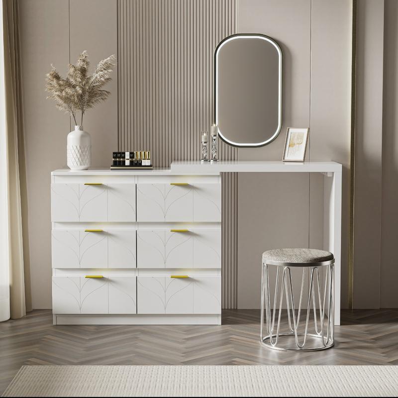 Product Introduction of Dressing Table with Side Table, Bedroom Dressing Tables, Office Table with 6 Drawers, Gold-Plated Handles, Rotating Table Top (180°), Floral Pattern, Shock-Resistant Rounded Corners, White (Without Mirror and Stool) 15