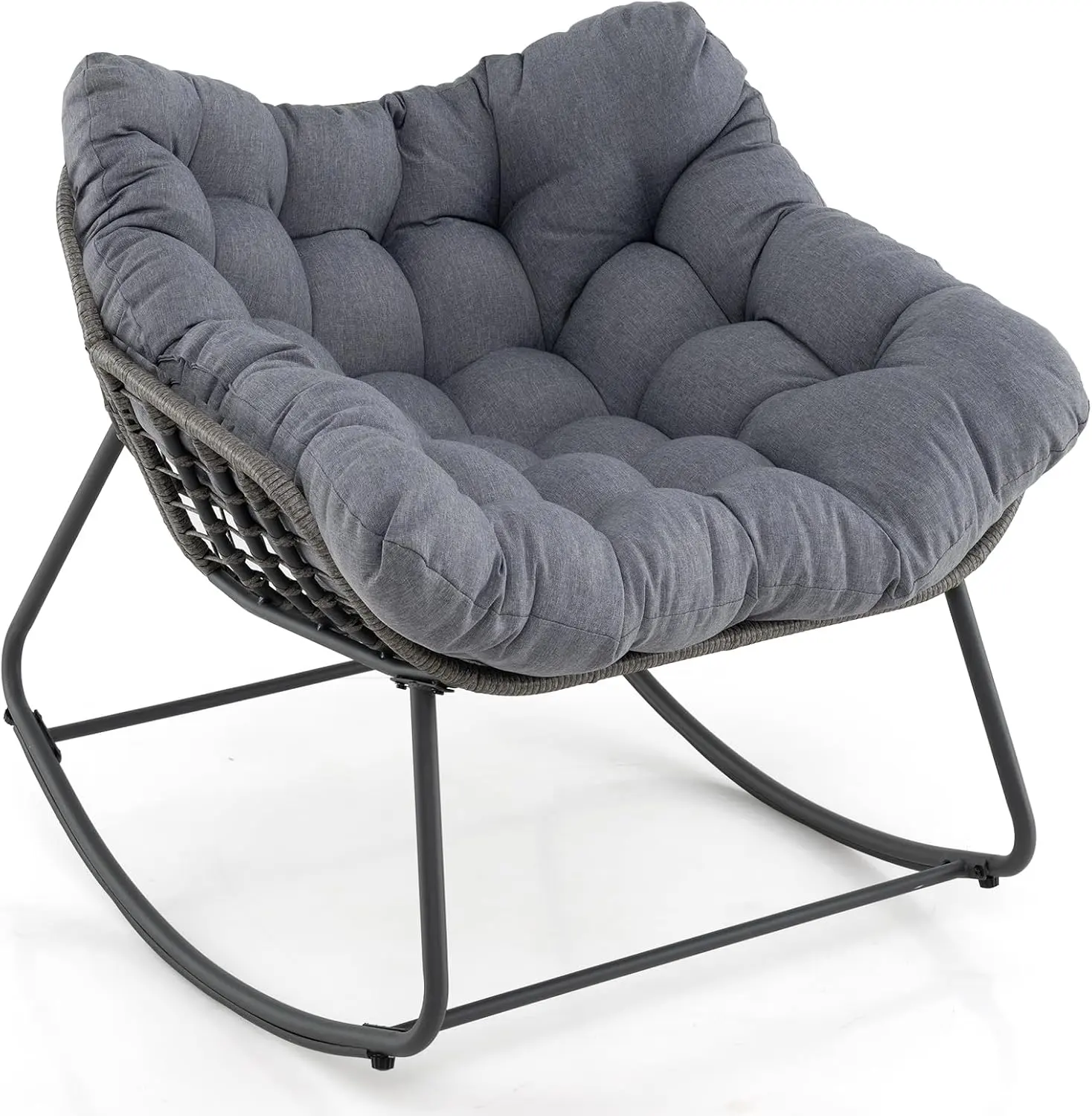 COSTWAY Outdoor Rocking Chair, Oversized Patio PE Wicker Egg Chair with Thick and Removable Cushion, Rattan Comfy Rocking Lounge Chair for Living Room, Balcony, Yard & Porch