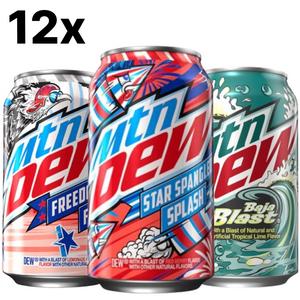12 x Mountain Dew 355ml Cans USA Imports - Short Dated Star Spangled Splash, Baja Blast, or Freedom Fusion - Limited Edition American Flavours, Premium Soda Experience Beverage