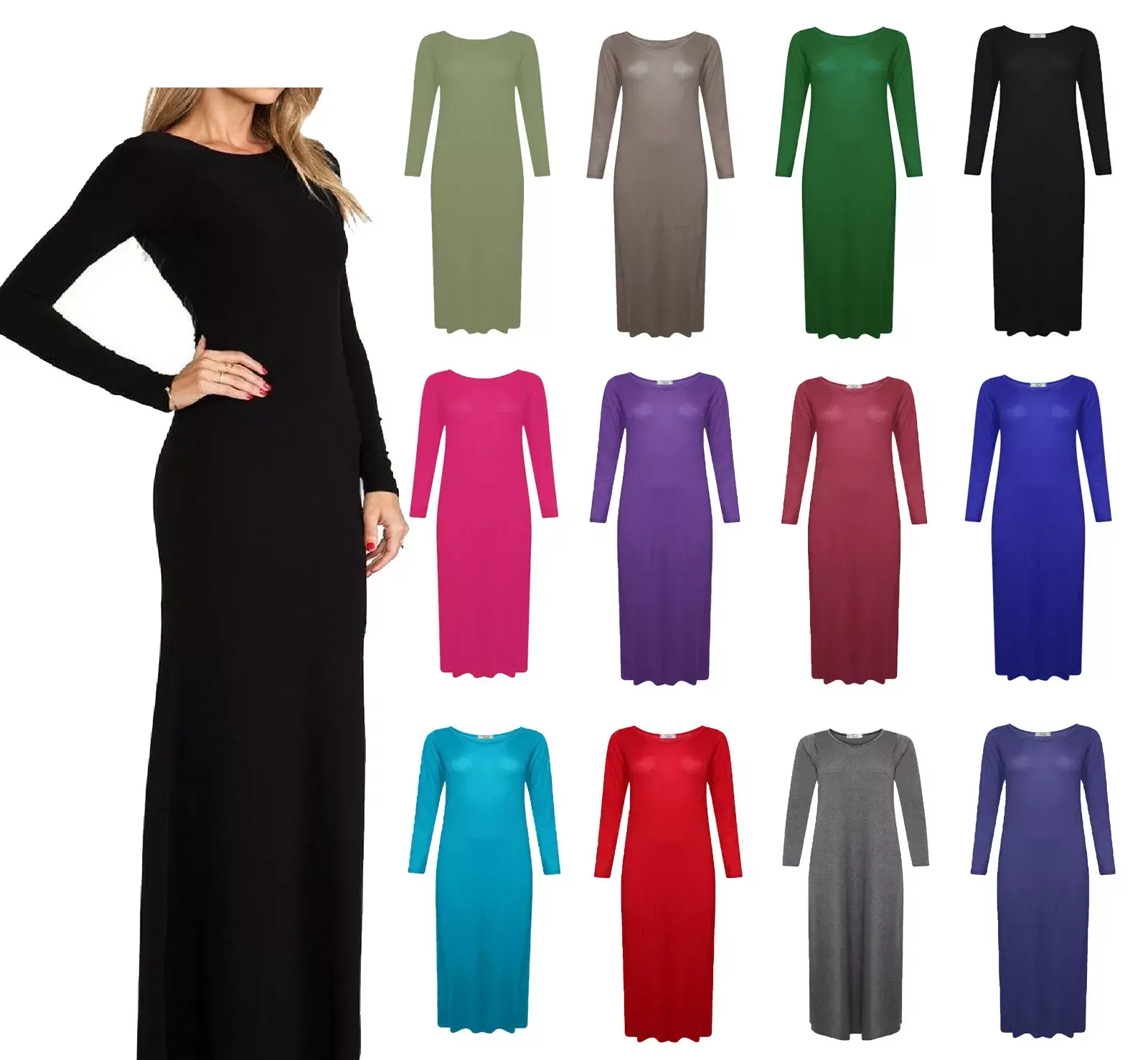 Women’s Long Sleeve Maxi Dress Stretchy Ladies Plain Jersey Round Neck Casual Style