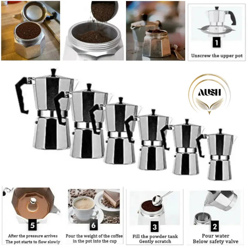 AUSH Stovetop Espresso Maker 3 Cups Italian Moka Pot Coffee Maker for Coffee Latte Mocha Cappuccino Macchiato Cuban - Silver