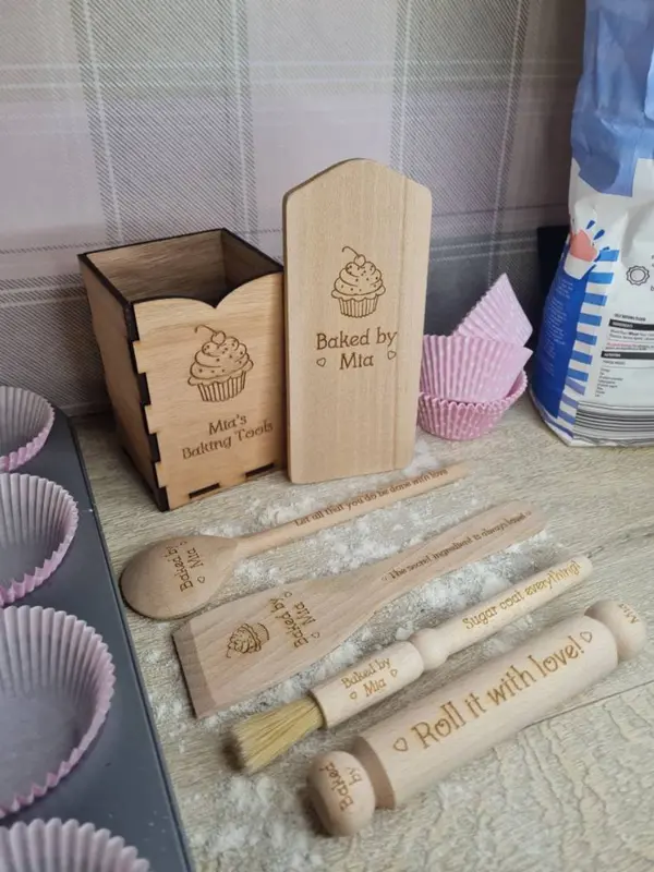 6 piece Personalised baking set, Beautiful gift for child baker,  Kids pretend play present - kitchen - birthday - christmas - bakery set 2