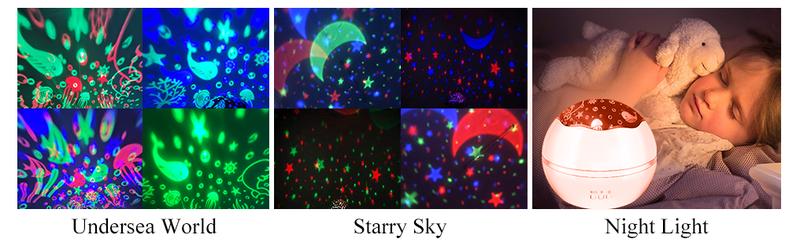 Product Introduction of Moredig Baby Lights Projector, Roating Sensory Lights with 8 Lighting Modes, Starry Sky & Ocean Night Light Porjector for Kids, Baby Sensory Toy Christmas Gifts for Baby Gifts for Girls Boys - White 13