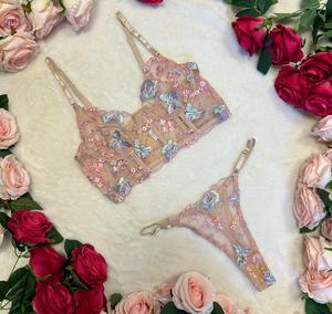 Liliosa Lingerie Maida -  Elegance Glowing Pastel Floral Embroidery Light Pink Women's Two Piece Lingerie Set, Longline Corset and Pants, Comfortable and Sexy Womenswear, Elegant Breathable Mesh Fabric, Girly Gift Matching, Soft Colorful Mesh Sheer Thong