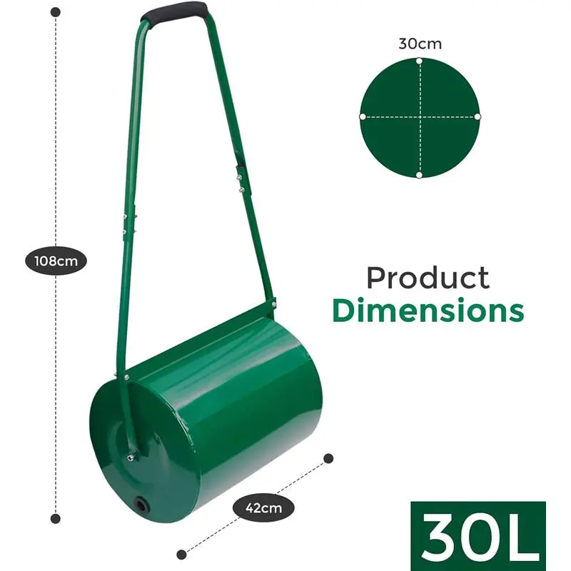 30L/38L/46L Heavy Duty Garden Grass Lawn Roller - Large Water or Sand Filled Drum, Galvanized Steel Construction, Scraper Bar & Collapsible Handle for Levelling Uneven Ground - Green (30 Liter) 3