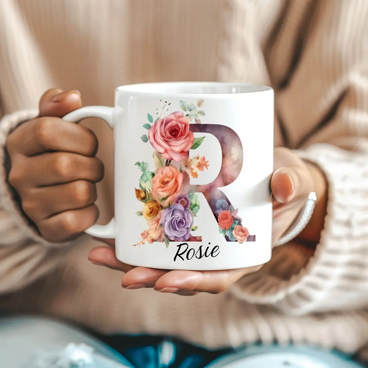 Personalised Tea Coffee Cup Mug Watercolour Floral Name Initial Ideal Gift UK Drinkware