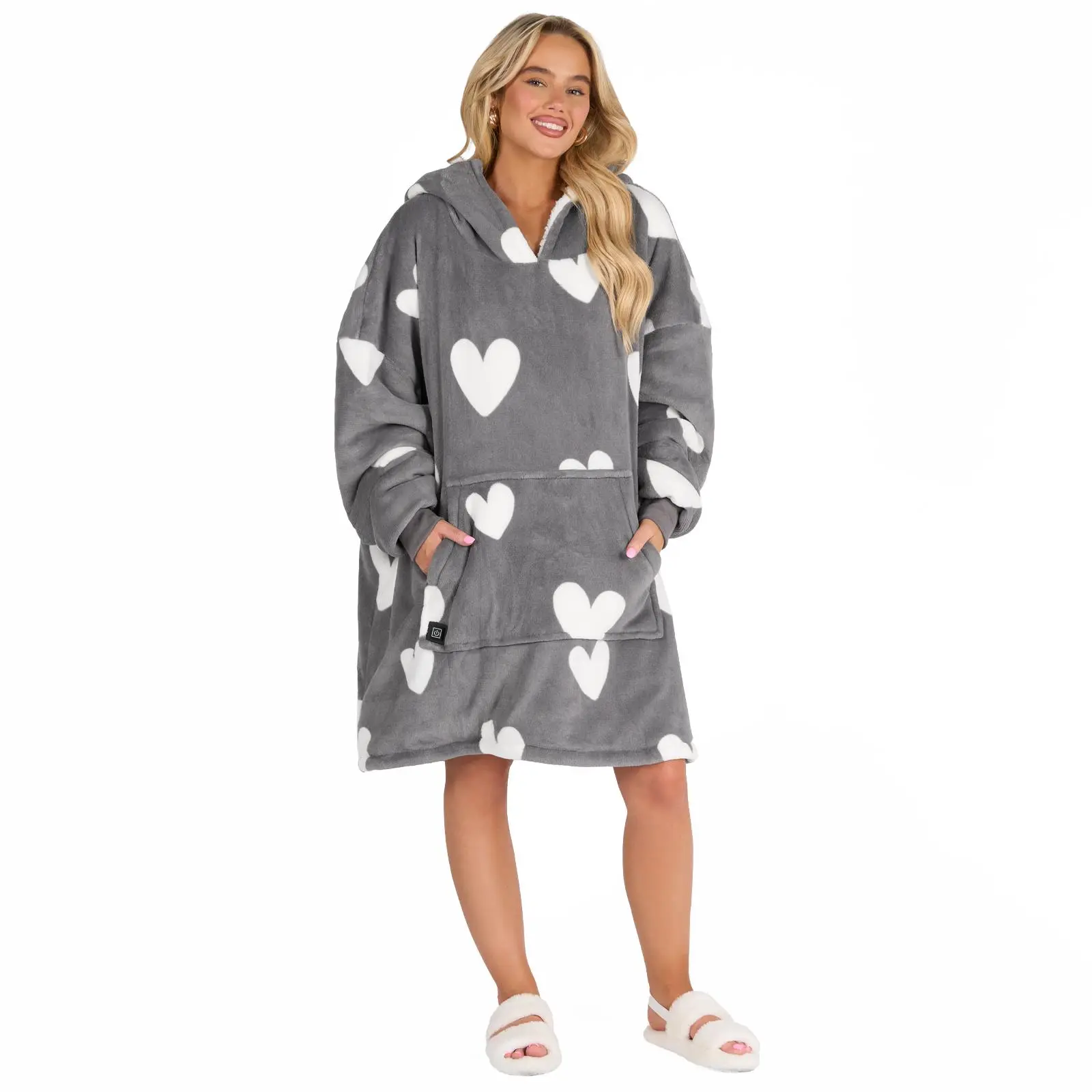 OHS Heart Print Sherpa Fleece Oversized Power Bank Heated Warm Soft Hoodie Blanket