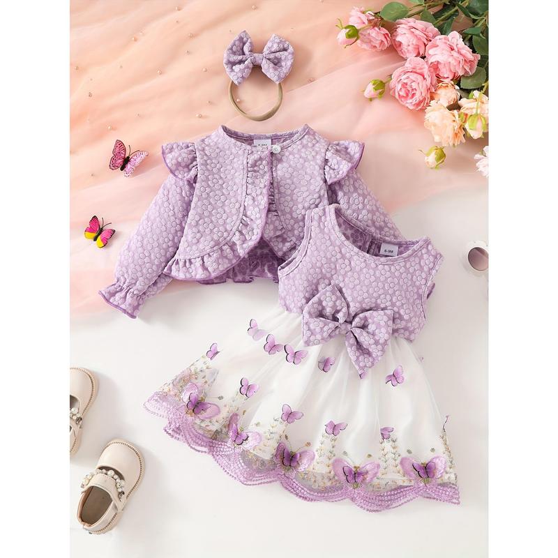3pcs Fashion Casual Girl Butterfly Style Long Sleeve Ruffle Short Top + Sleeveless Mesh Butterfly Dress + Bow Hair Tie 2
