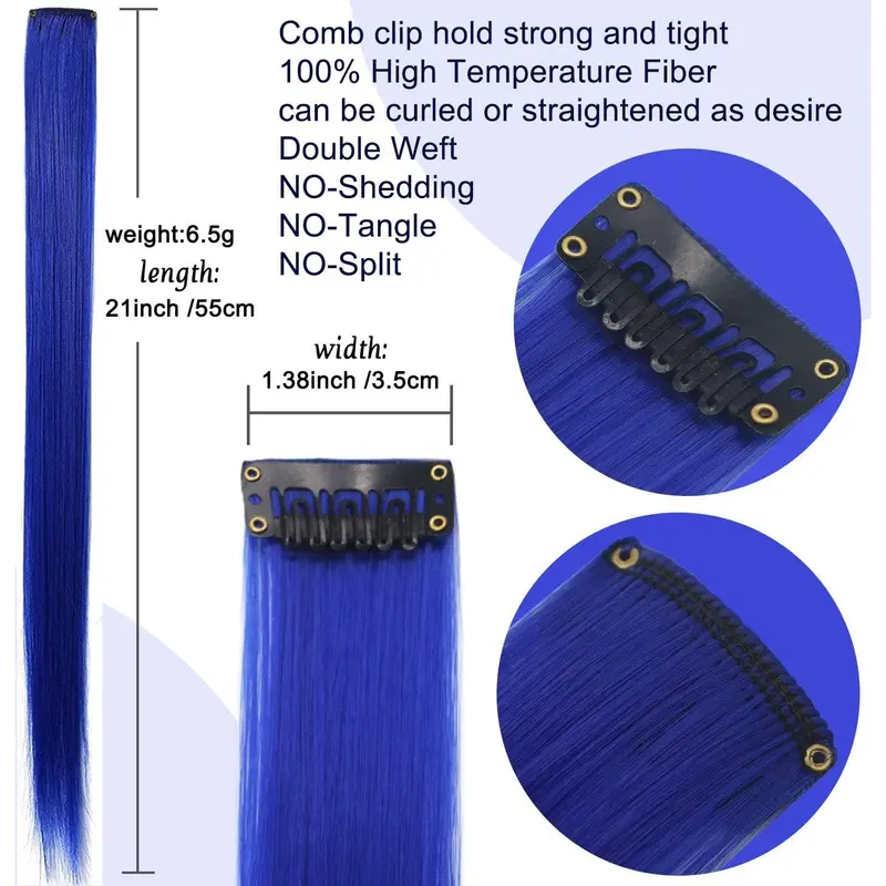 12Pcs Blue Hair Extensions Clip in Girls,21 Inch Heat-Resistant Synthetic Straight Blue Hair Accessories for Women Girls Gift Party Highlights Blue Hairpiece (Blue) 3