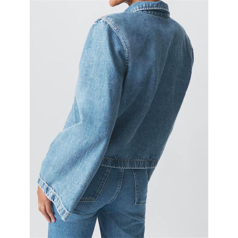 Women's Denim Tie Front Jacket Solid Color Lapel Long Sleeve Casual Cropped Coats Spring Fall Outerwear 3